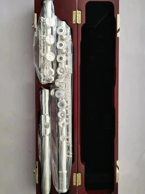 17-key intermediate open-hole flute made of 925 silver, featuring French, C, and E keys, ideal for student and advancing musicians