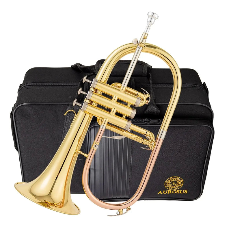 AUROSUS Bb Student Flugelhorn – Brass Body, Gold-Plated Shell Valves, Easy-Play Beginner Set with Mouthpiece & Case - musical instrument for students and music education