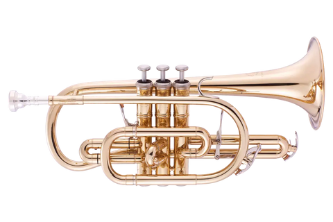 AUROSUS trigger cornet instrument with silver-plated brass body, gold lacquer accents, stainless steel valves, and protective case.