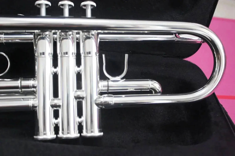 Professional Bb Trumpet – Silver - Plated Yellow Brass One - Piece 4.9" Bell Medium - Large Bore - Aurosus InstrumentProfessional Bb Trumpet – Silver - Plated Yellow Brass One - Piece 4.9" Bell Medium - Large Bore