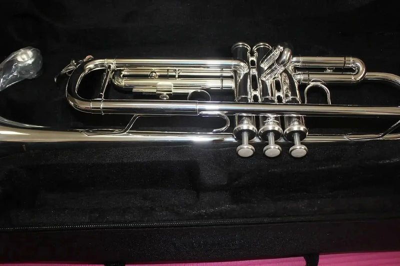 Professional Bb Trumpet – Silver - Plated Yellow Brass One - Piece 4.9" Bell Medium - Large Bore - Aurosus InstrumentProfessional Bb Trumpet – Silver - Plated Yellow Brass One - Piece 4.9" Bell Medium - Large Bore