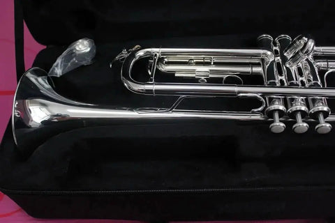 Professional Bb Trumpet – Silver - Plated Yellow Brass One - Piece 4.9" Bell Medium - Large Bore - Aurosus InstrumentProfessional Bb Trumpet – Silver - Plated Yellow Brass One - Piece 4.9" Bell Medium - Large Bore