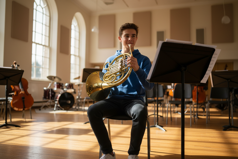 Student playing Aurosus French horn in school orchestra rehearsal room